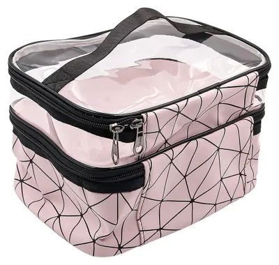 Zdjęcie produktu dla Kosmetyczka dwukomorowa - kosmetyczka podróżna - wodoodporna - przezroczysta - 17x23x16 cm