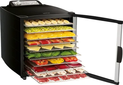 Produktbild von SENCOR SFD 7000BK Sušička ovocia, nastavenie času v 10-minútových krokoch, 10 nerezových plátov, podsvietený LED displej, regulácia teploty 35-75 °C, výkon 800 W