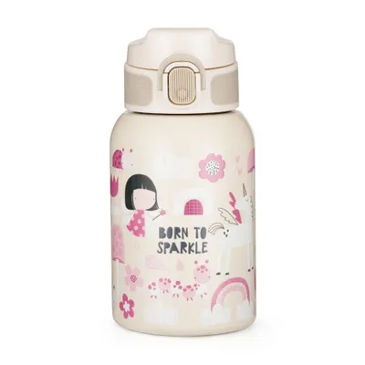 Produktbild von PETITE&MARS Kinder Thermosflasche 350 ml mit Silikon-Strohhalm (Beige / Rosa Feen und Einhörner)