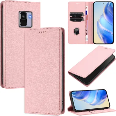 Produktbild von Litchi Leder Handyhülle für Samsung Galaxy A8 2018 Wallet Kartenfächer Standfunktion Hülle Pink