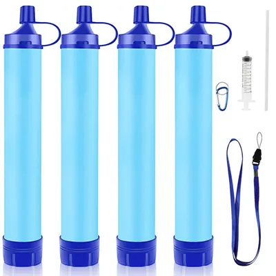 Image de Système de filtration d'eau pour l'extérieur et le camping, lot de 4, filtre à eau potable de 1500 litres, 0,1 micron, élimine 99,99 % des bactéries, sans BPA, couleur bleue