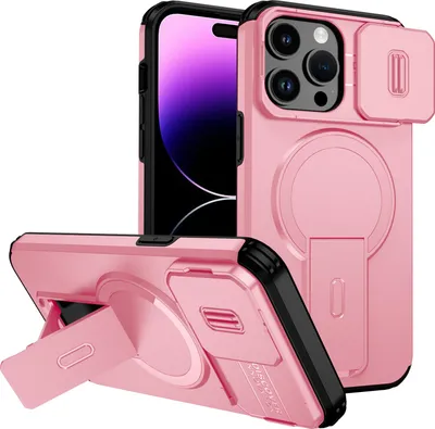 Produktbild von Magnetisch Hülle für iPhone 14 Pro Max, Dual Layer Stoßfest Handyhülle mit Dia Kameraschutz, Verstellbarem Ständer Pink