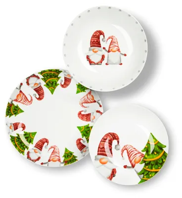 Three plates with a Christmas gnome theme are arranged on a white background.