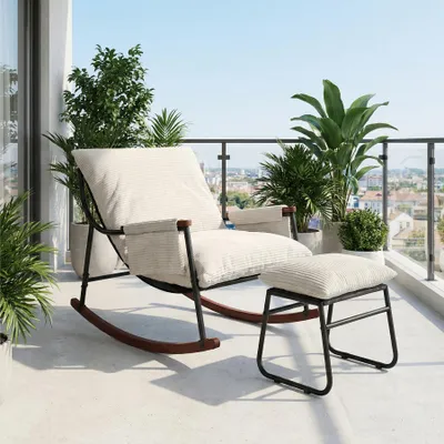 Image de Fauteuil à bascule avec repose-pieds, accoudoirs, bois, chambre bébé, tissu rayé, blanc