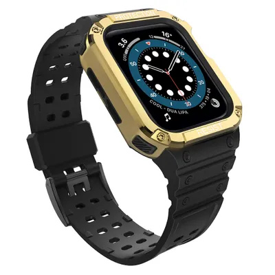 Zdjęcie produktu dla Protect Strap Band opaska z etui do Apple Watch 9 / 8 / 7 / 6 / 5 / 4 / 3 / 2 / SE / SE2 (41 / 40 / 38mm) obudowa pancerny pokrowiec na zegarek czarny / złoty