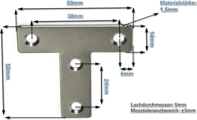 Produktbild von Edelstahl T-Verbinder 50x50x14mm (VE 10Stk) 20x einsetzbar als Lochwinkel, Metallwinkel, Balkenwinkel, Verbinder, Winkelverbinder