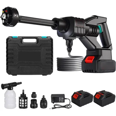 A collection of items for a high-pressure cleaner, including the main unit, accessories, batteries, and a charger, laid out on a white background.