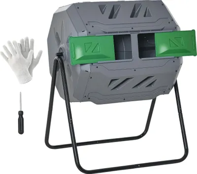 Image de Outsunny Composteur de Jardin - bac à Compost pour déchets - Rotatif 360° - Double Chambre 160 L - Acier PP Gris