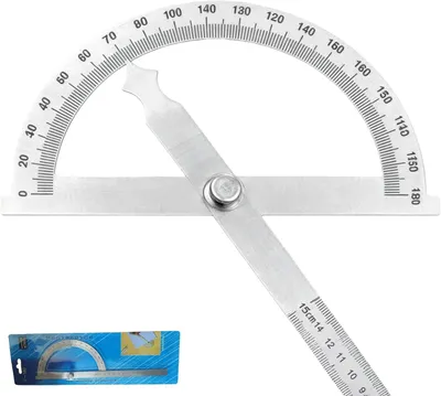 Zdjęcie produktu dla Miernik kątowy ze stali nierdzewnej, zakres 0-180°, długość 150 mm, z podziałką do precyzyjnego pomiaru kątów