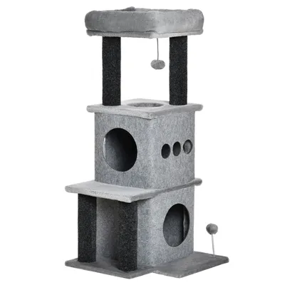 Immagine prodotto di PawHut Albero per gatti design accogliente chic centro attività multi-attrezzature cucce piattaforme letto gioco palla rimovibile lavabile feltri truciolato corto peluche 48 x 48 x 100 cm grigio