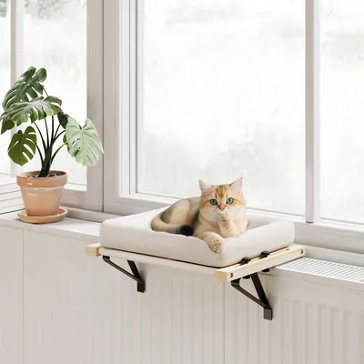 Produktbild von SUGIFT Katzenbett mit Halterung, Katzenliege Fensterbank Heizkörper, Katzenmöbel, Cremeweiß | Kiefernholz | bis 6 kg | 50 x 36 x 24 cm