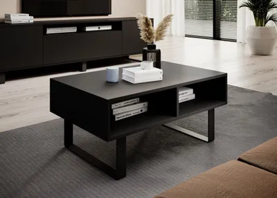 Produktbild von Loft Couchtisch 90 cm, Wohnzimmertisch, Schwarze Tischplatte,  Moderner Kaffeetisch, Metallfüße, "Masimo"