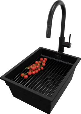 Produktbild von PRIMAGRAN Granitspüle Alles Schwarz 36x47cm, Spülbecken 1 Becken + Ablauf-Set + Küchenzubehörset, Küchenspüle ab 40er Unterschrank - Praga Slim