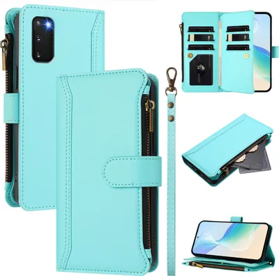 Image de Etui pour Samsung Galaxy S20, zippé, étui portefeuille en cuirPolyuréthaneavec pochettes pour cartes, support et dragonne vert menthe