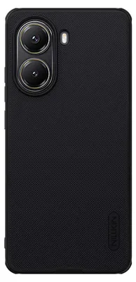 The back of a black smartphone case with a textured surface and a camera cutout.