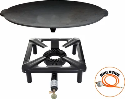 Produktbild von Hockerkocher-Set (klein) mit Gusseisengrillschale Ø 45 cm inkl. Gasschlauch & Regler