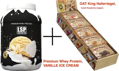 Produktbild von LSP Premium Whey (1800g), Vanille Ice Cream + OAT KING Energieriegel (10x95g), Pulver + Riegel