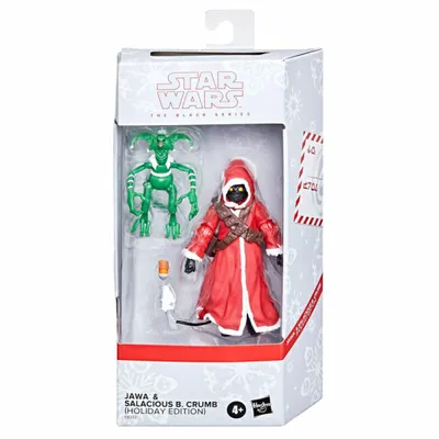A Star Wars Black Series holiday edition action figure set featuring Jawa and Salacious B. Crumb, presented in its retail packaging.