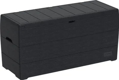 A dark gray plastic storage box with a textured finish, shown from a three-quarter front angle on a white background.