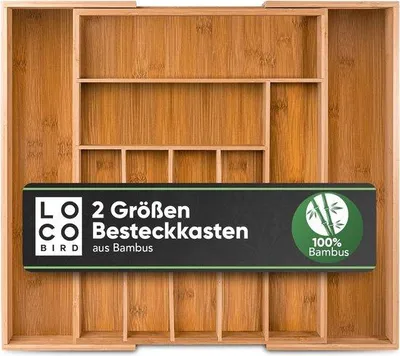 Immagine prodotto di Portaposate Loco Bird per cassetti in bambù – Estraibile fino a 9 scomparti - Utile inserto portaposate per cucine - Inserto per cassetti da cucina