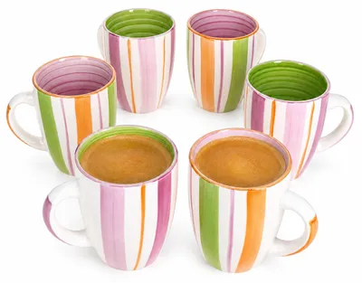 Produktbild von 6er Set Tropicana Kaffeebecher 340ml Streifen Steingut Teetasse Kakao, KI-generiertes Bild