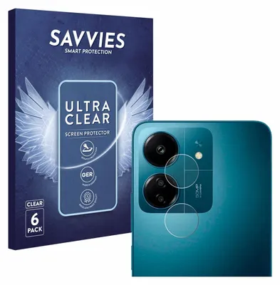 A product shot showing packaging for screen protectors and a close-up of a smartphone camera module with the protectors applied.