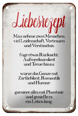 Produktbild von Blechschild Spruch 12x18cm Liebesrezept Retro Schild