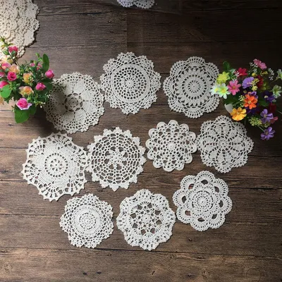 10er-Set handgehäkelte Deckchen, Baumwolle, rund, 15-17 cm, weiß