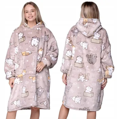 Obrázek produktu pro Oversize deková mikina XXL - Hřejivá deka s rukávy - Fleece Béžová Vzor kočky