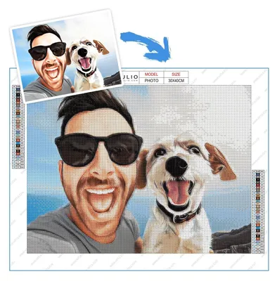 A diamond painting kit featuring a personalized portrait of a man and his dog.