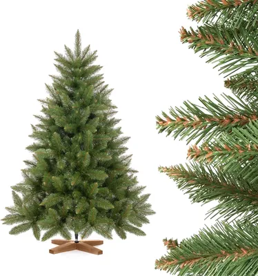 Immagine prodotto di FairyTrees Albero di Natale artificiale 150cm Abete Rosso/Peccio naturale con supporto in legno | Abete di Natale artificiale con tronco verde | Facile da Montare | Prodotto in EU