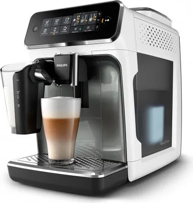 A white and silver Philips 3200 series coffee machine with a glass of latte on the drip tray.