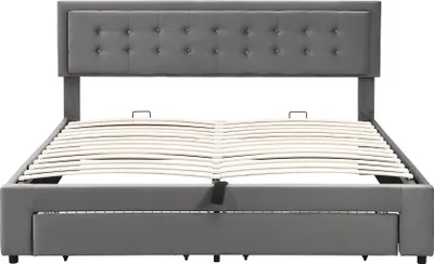 Immagine prodotto di Letto Sweiko con contenitore e cassetti, tessuto in velluto, letto imbottito, rete a doghe, letto matrimoniale, ampio vano contenitore, 160 x 200, grigio
