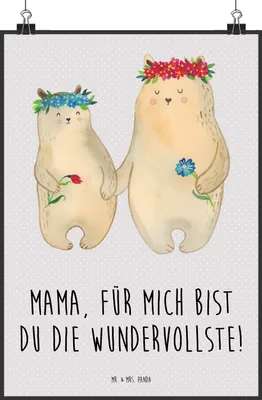 Produktbild von Mr. & Mrs. Panda Bild Bären mit Blumenkranz DIN A0 - Grau Pastell - Geschenk, Plakat, drucke, Mutter, Muttertag, Wandbild, wanddeko, Wanddekoration, Mama