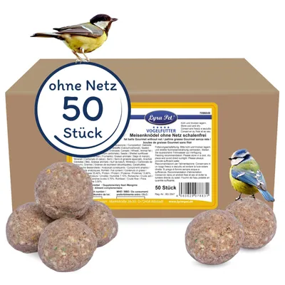 A product shot of bird food balls with packaging and birds.