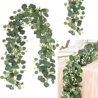 Immagine prodotto di Due piante rampicanti artificiali di eucalipto da 180 cm con foglie di salice, foglie verdi e ghirlande di fiori bianchi; decorazione in eucalipto, pianta artificiale, pianta rampicante per bouquet da sposa, decorazione floreale per la casa