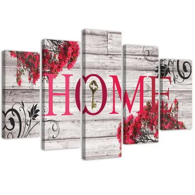 Produktbild von 5-teiliges leinwandbild home beschriftung rot 100x70 cm Feeby rosa wandbild bereit zum aufhängen