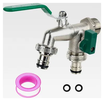 Produktbild von 3/4 Zoll Messing Doppelkugelauslaufventil mit 2 Schlauchanschlüssen | für Garten, Waschmaschine, Regentonne (Grün)