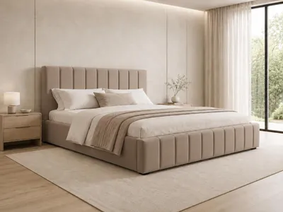 Produktbild von MOEBLO Polsterbett Bett 01 – Doppelbett mit Kopfstütze, Rahmenbettgestell, Bettkasten, Lattenrost und gepolstertem Kopfteil - 160x200 - Rabbit (TRINITY 5), KI-generiertes Bild