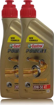 Two bottles of Castrol Power 1 motorcycle engine oil displayed side-by-side against a white background.