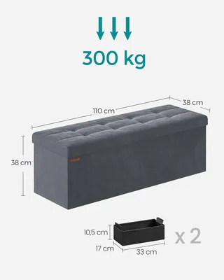 Obrázek produktu pro Lavice SONGMICS s úložným prostorem, skládací sedací truhla, 2 přídavné úložné boxy, 38 x 110 x 38 cm, nosnost do 300 kg, břidlicově šedá barva