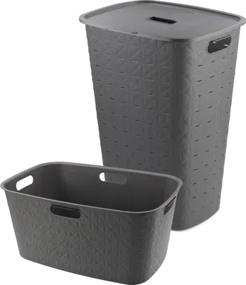 Produktbild von Curver Softex Wäschebox 56 L mit Deckel + Wäschekorb 45 L – Anthrazit – 2-teiliges Set