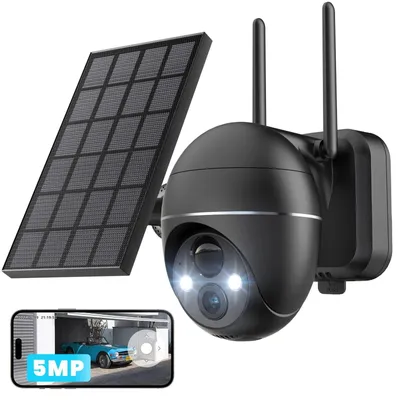 Obrázek produktu pro 5MP venkovní bezpečnostní kamera, 355°|120° PTZ venkovní bezpečnostní kamera, Wi-Fi se solárním panelem, PIR noční vidění, 2cestný zvuk, kompatibilní s Alexou, IP65