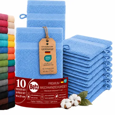 Produktbild von Betz 10 Stück Waschhandschuhe 16x21 cm PREMIUM 100% Baumwolle  Farbe: hellblau