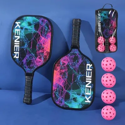 Produktbild von Pickleball-Set 2 Schläger + 4 Bälle – Stoßfest, rutschfester Griff, Pickleball Paddel Schläger-Set für Anfänger & Profis - Farbe: Neon-Pink & Cyan