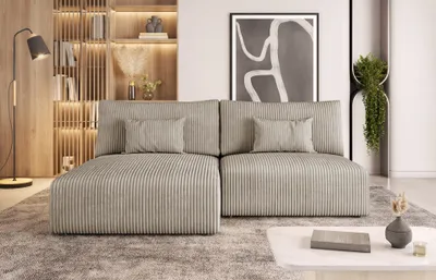 Produktbild von Easy4You Beige Ecksofa Modulo Kord in L-Form 210x69x152 cm mit Schlaffunktion und Bettzeugbehälter - Schlafsofa mit Bettkasten - Eckcouch mit Stauraum - Stoff: POSO 02