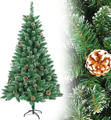 Image de UISEBRT 240cm Arbre de Noël artificiel Sapin vert avec neige et pommes de pin Arbre de Noël artificiel pour décoration de Noël avec support