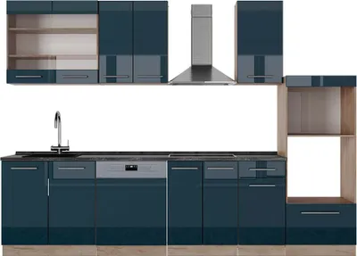 Produktbild von Küchenzeile Vicco Fame-Line Dunkelblau Hochglanz/Goldkraft Eiche 300 cm mit Hochschrank, AP Anthrazit, Model 49770