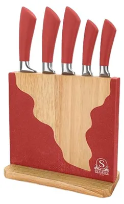 Productafbeelding van Set van 6 messen met messenblok - Keukenmessen met ergonomische handgrepen - Rood