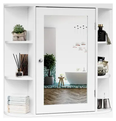 Produktbild von Spiegelschrank aus Holz mit Ablagen, Badschrank mit Spiegel, Hängeschrank, 66 x 17 x 63 cm (Weiß)